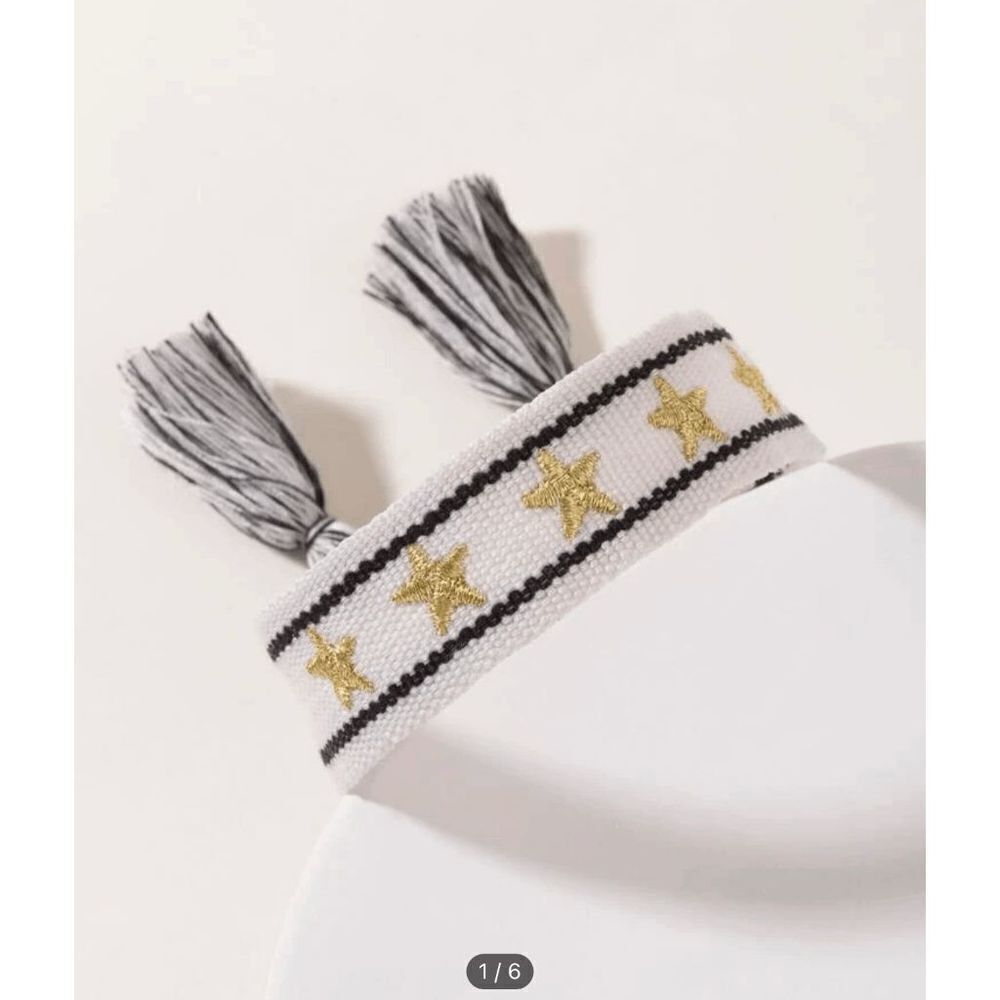 Black and White Star Embroidered Woven Bracelet